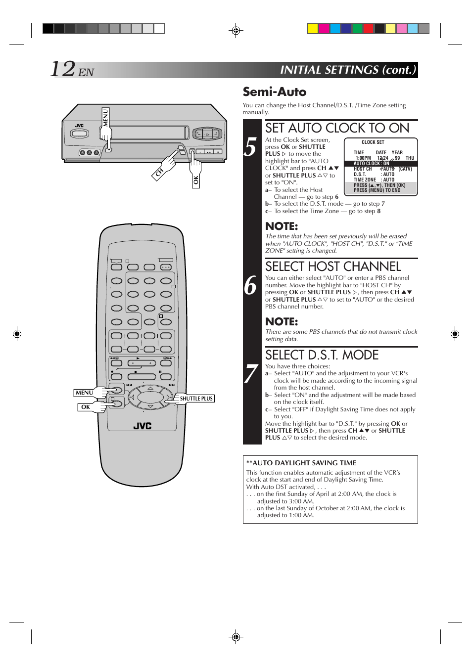 Set auto clock to on, Select host channel, Select d.s.t. mode | Initial settings (cont.), Semi-auto | JVC HR-A51U User Manual | Page 12 / 48