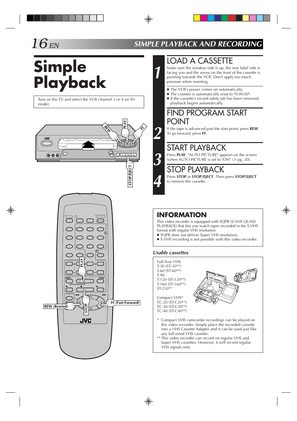 Simple playback, Load a cassette, Find program start point | Start playback, Stop playback, Simple playback and recording, Information | JVC HR-A51U User Manual | Page 16 / 48