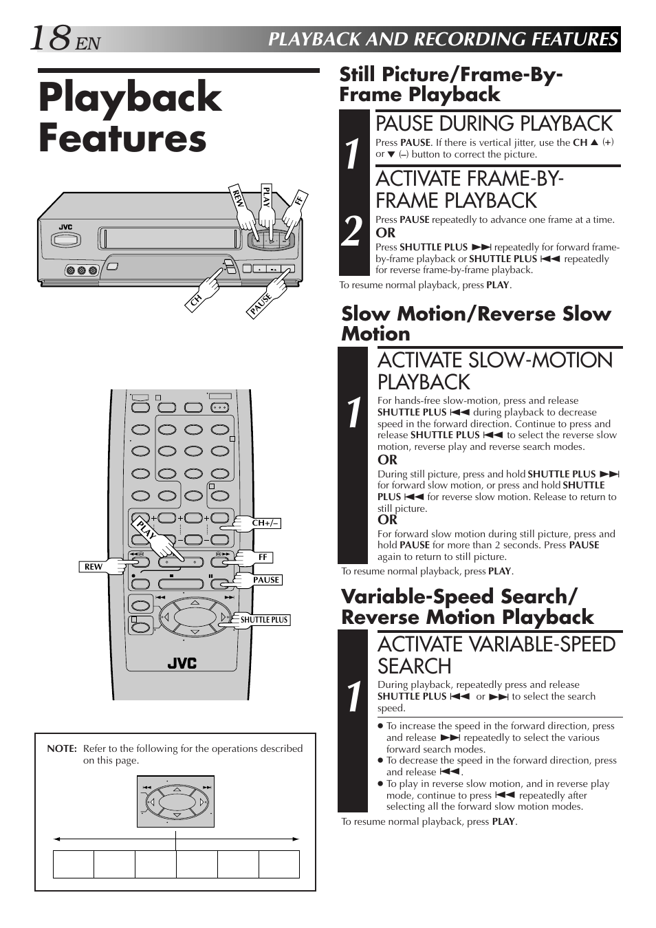 Playback features, Pause during playback, Activate frame-by- frame playback | Activate variable-speed search, Activate slow-motion playback, Playback and recording features, Still picture/frame-by- frame playback, Variable-speed search/ reverse motion playback, Slow motion/reverse slow motion | JVC HR-A51U User Manual | Page 18 / 48