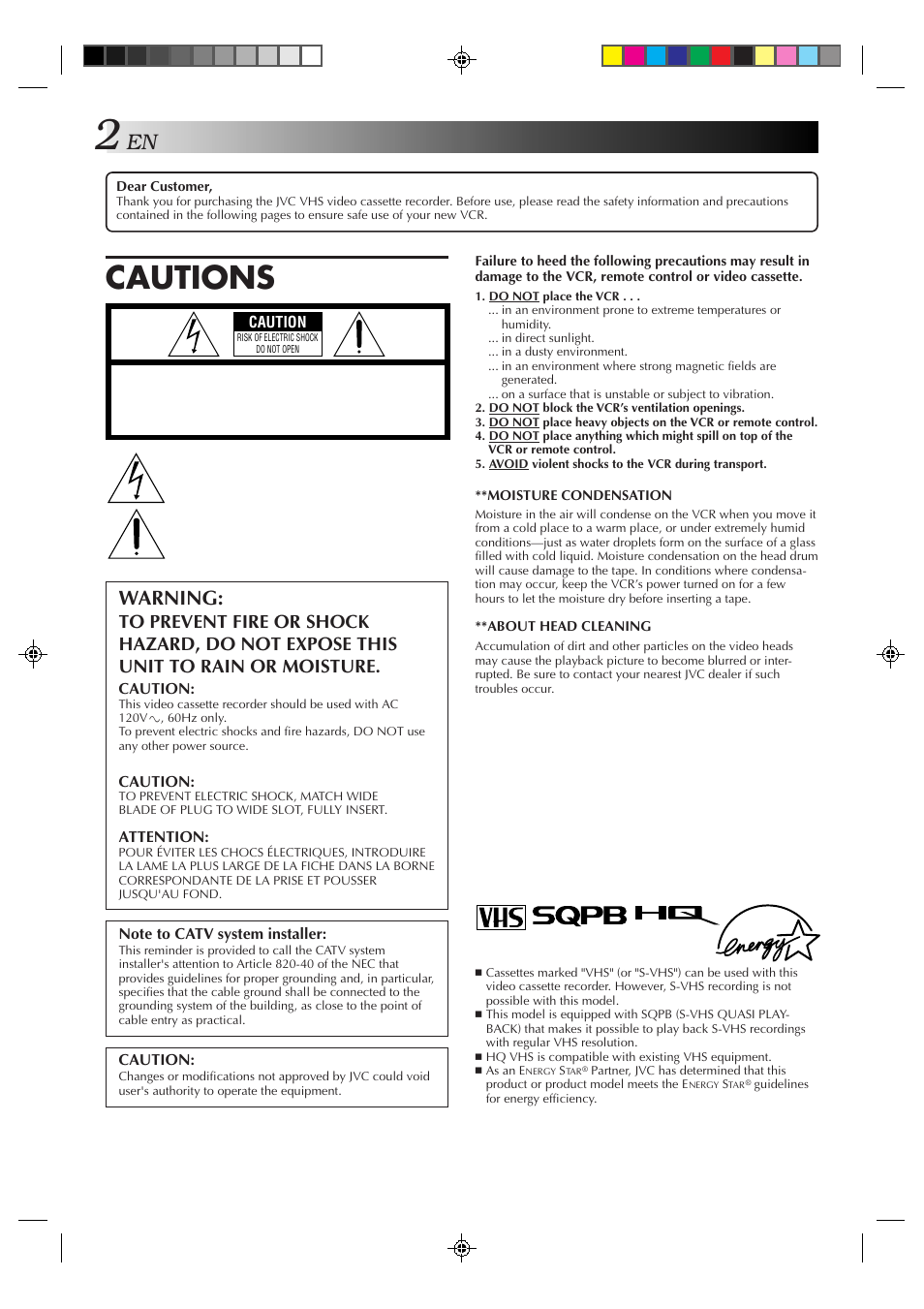 Cautions, Warning | JVC HR-A51U User Manual | Page 2 / 48