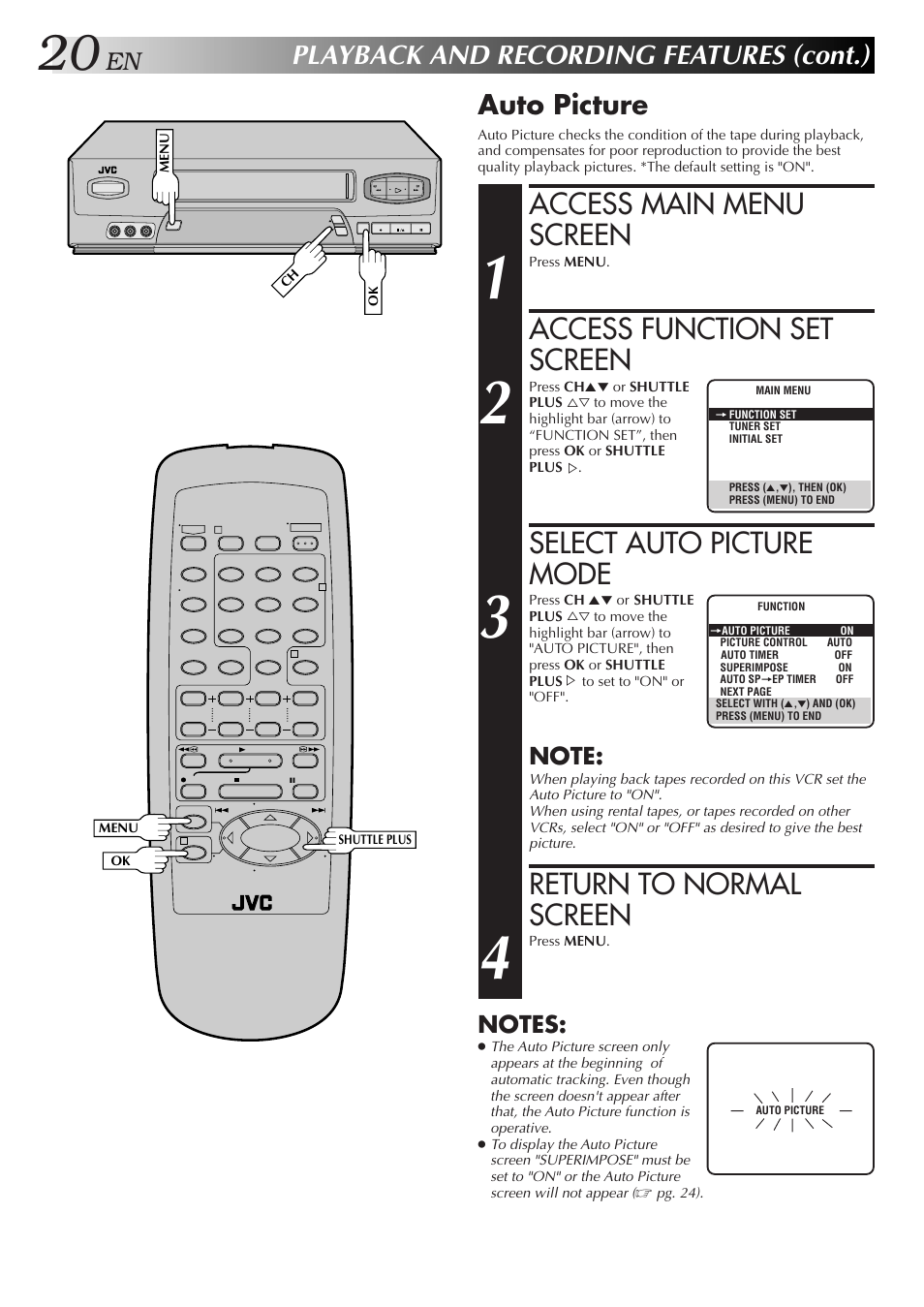 Access main menu screen, Access function set screen, Select auto picture mode | Return to normal screen, Playback and recording features (cont.), Auto picture | JVC HR-A51U User Manual | Page 20 / 48