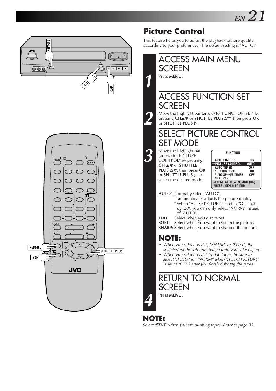 Access main menu screen, Access function set screen, Select picture control set mode | Return to normal screen, Picture control | JVC HR-A51U User Manual | Page 21 / 48