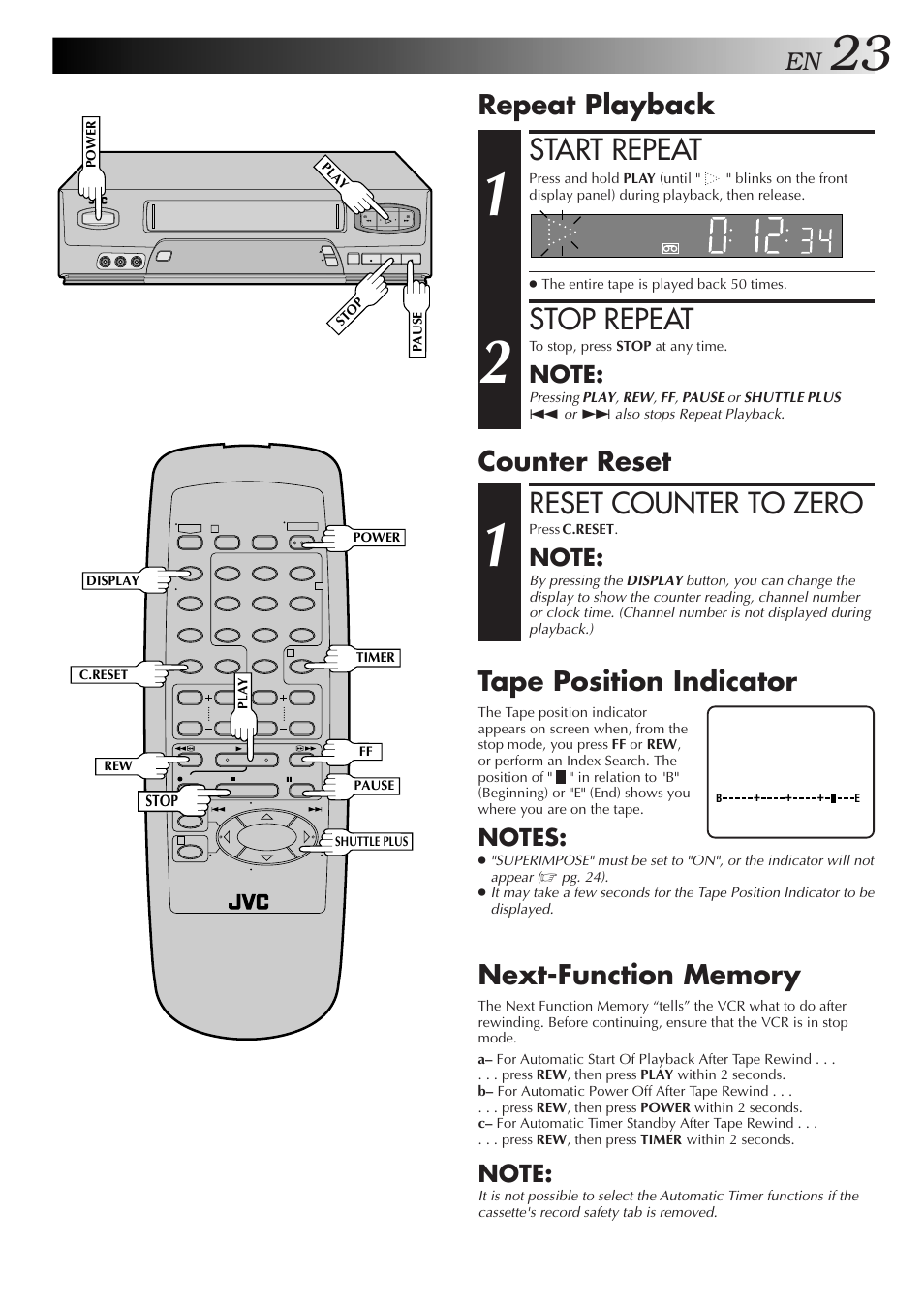 Start repeat, Stop repeat, Reset counter to zero | Repeat playback, Tape position indicator, Counter reset | JVC HR-A51U User Manual | Page 23 / 48