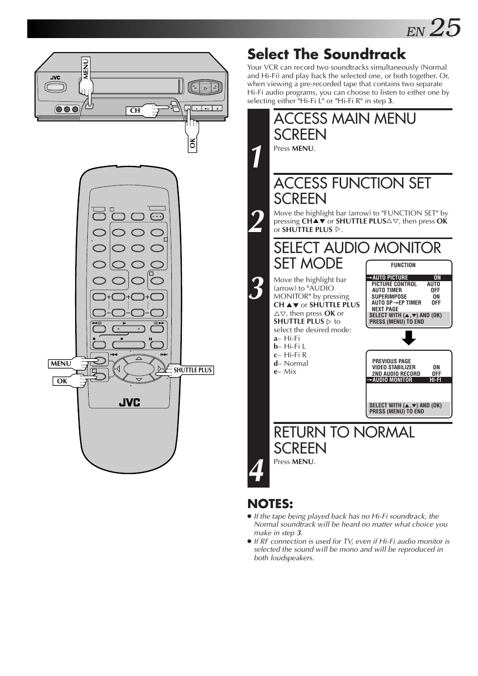 Access main menu screen, Access function set screen, Select audio monitor set mode | Return to normal screen, Select the soundtrack | JVC HR-A51U User Manual | Page 25 / 48