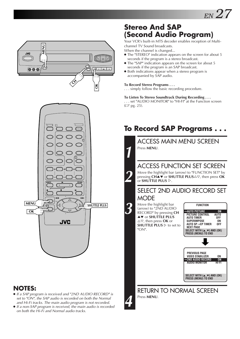 Stereo and sap (second audio program), Access main menu screen, Access function set screen | Select 2nd audio record set mode, Return to normal screen | JVC HR-A51U User Manual | Page 27 / 48