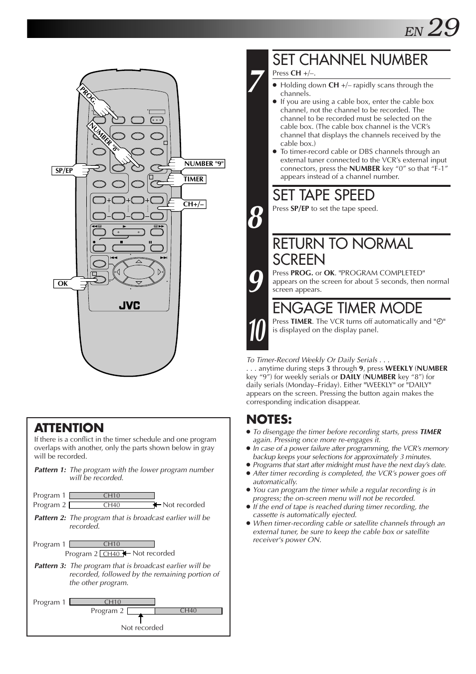 Set channel number, Set tape speed, Return to normal screen | Engage timer mode, Attention | JVC HR-A51U User Manual | Page 29 / 48