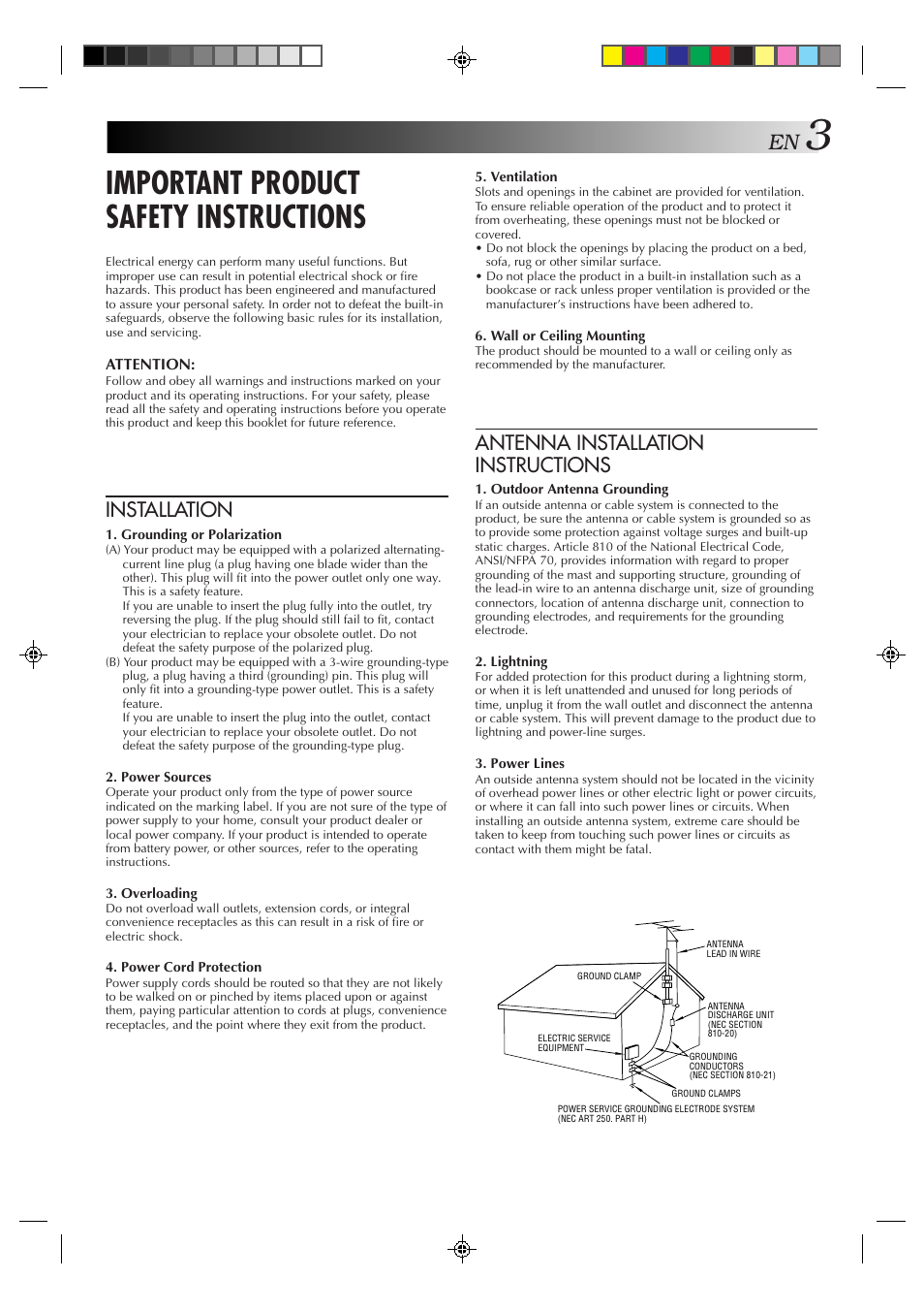 Important product safety instructions, Installation, Antenna installation instructions | JVC HR-A51U User Manual | Page 3 / 48