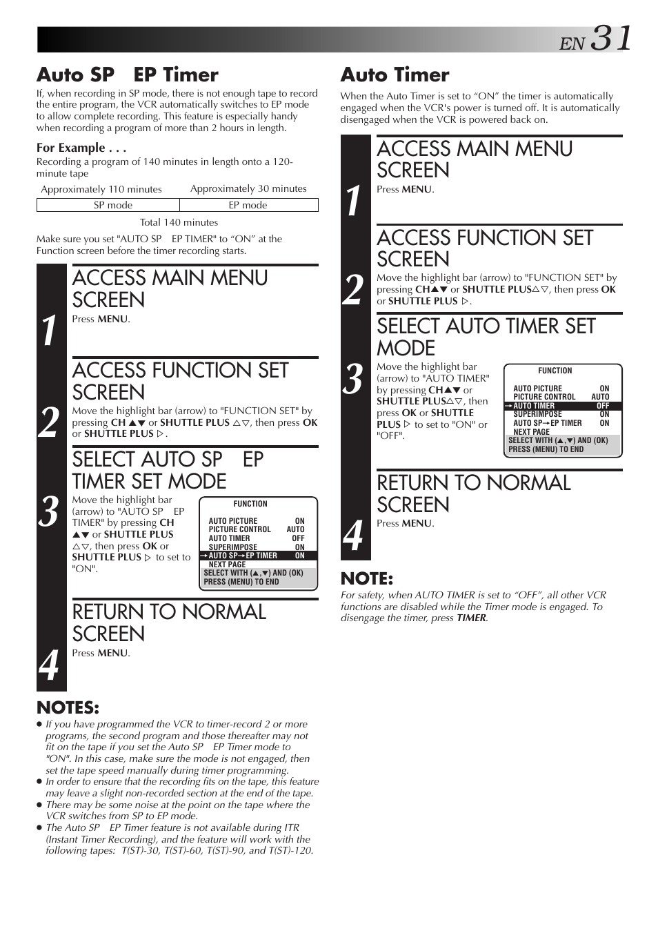 Access main menu screen, Access function set screen, Select auto timer set mode | Return to normal screen, Select auto sp → ep timer set mode, Auto timer, Auto sp → ep timer | JVC HR-A51U User Manual | Page 31 / 48