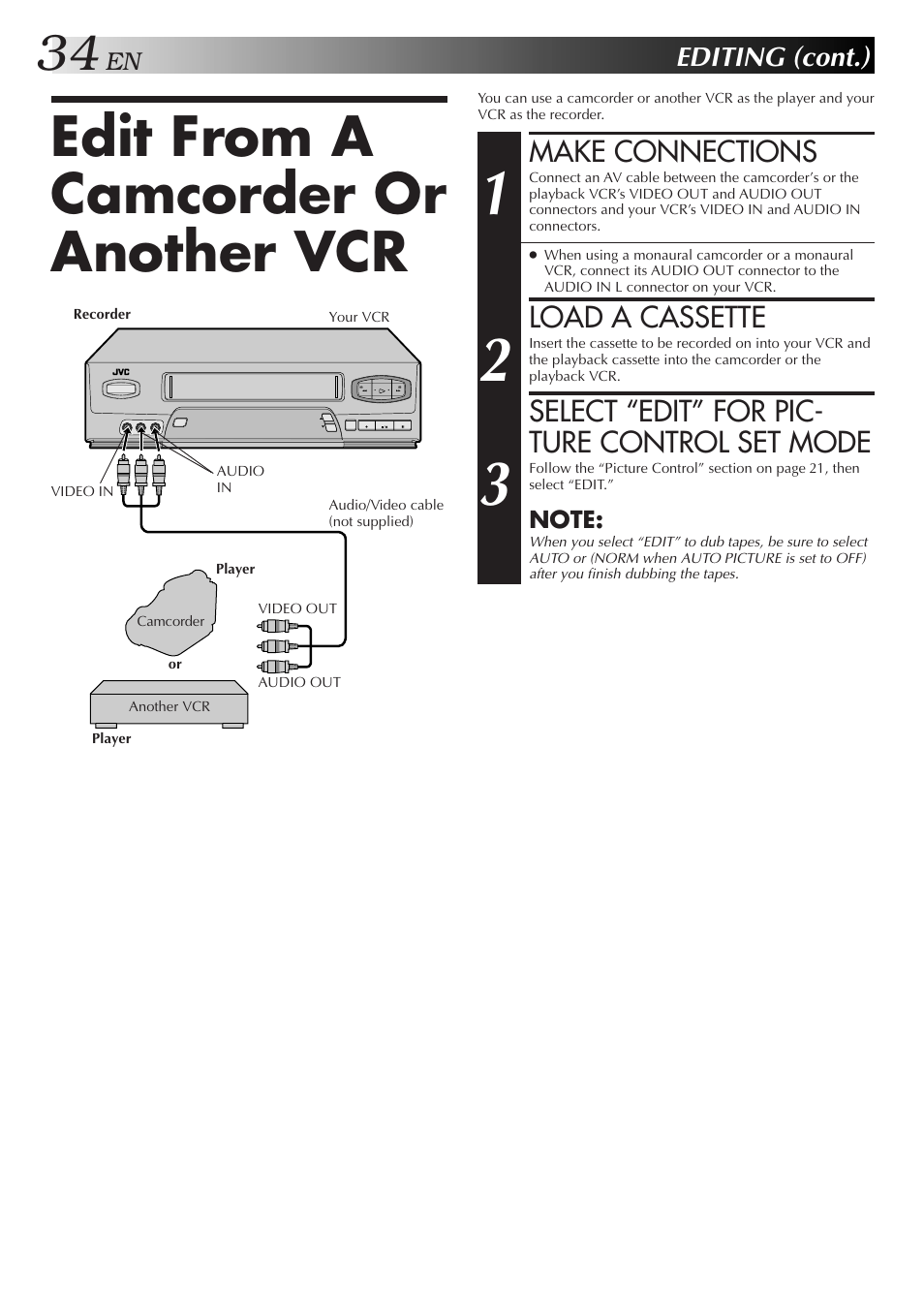 Edit from a camcorder or another vcr | JVC HR-A51U User Manual | Page 34 / 48