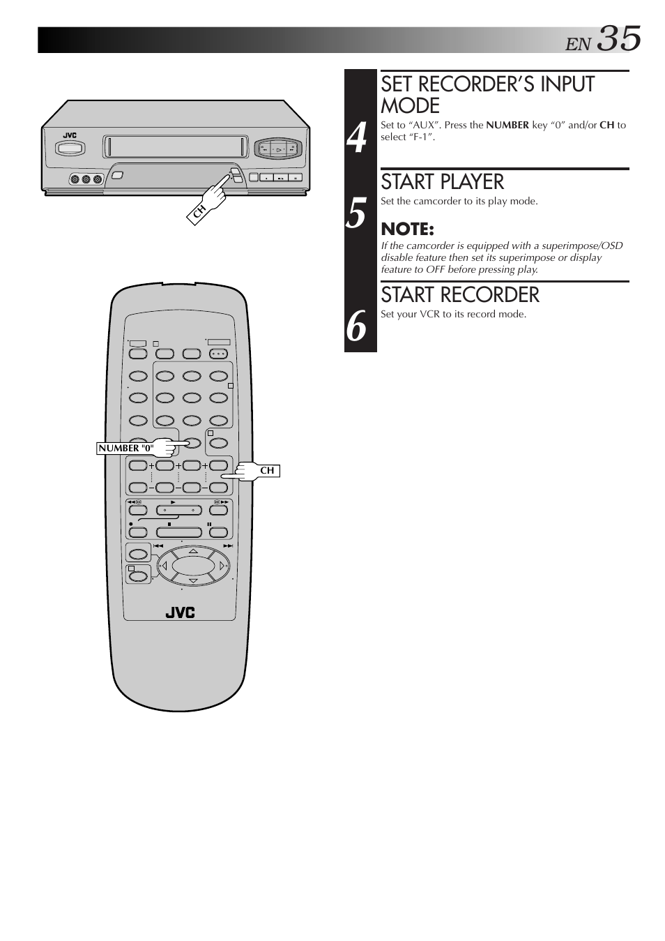 Set recorder’s input mode, Start player, Start recorder | JVC HR-A51U User Manual | Page 35 / 48