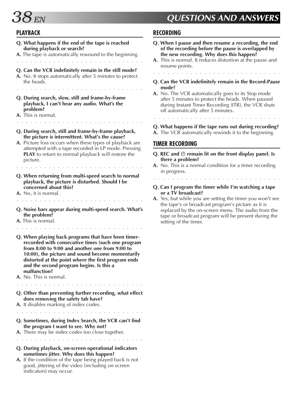 Questions and answers, Playback, Recording | Timer recording | JVC HR-A51U User Manual | Page 38 / 48