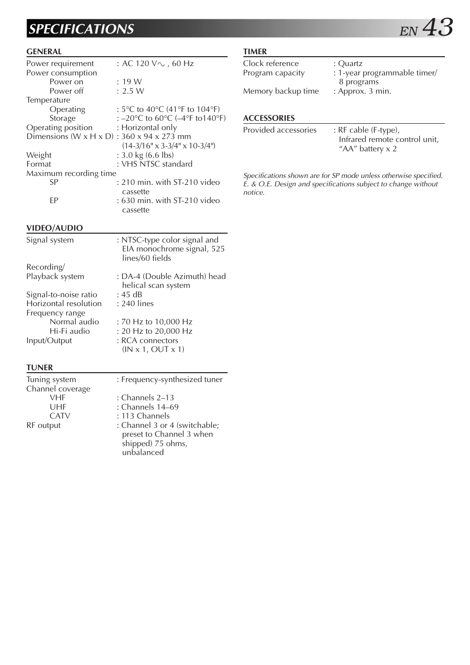 Specifications | JVC HR-A51U User Manual | Page 43 / 48