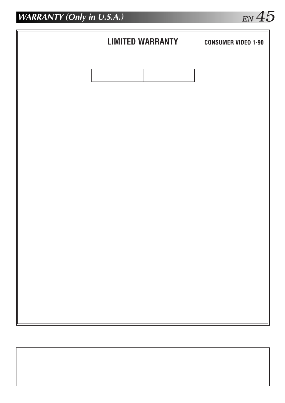 Warranty (only in u.s.a.), Limited warranty, Consumer video 1-90 | JVC HR-A51U User Manual | Page 45 / 48