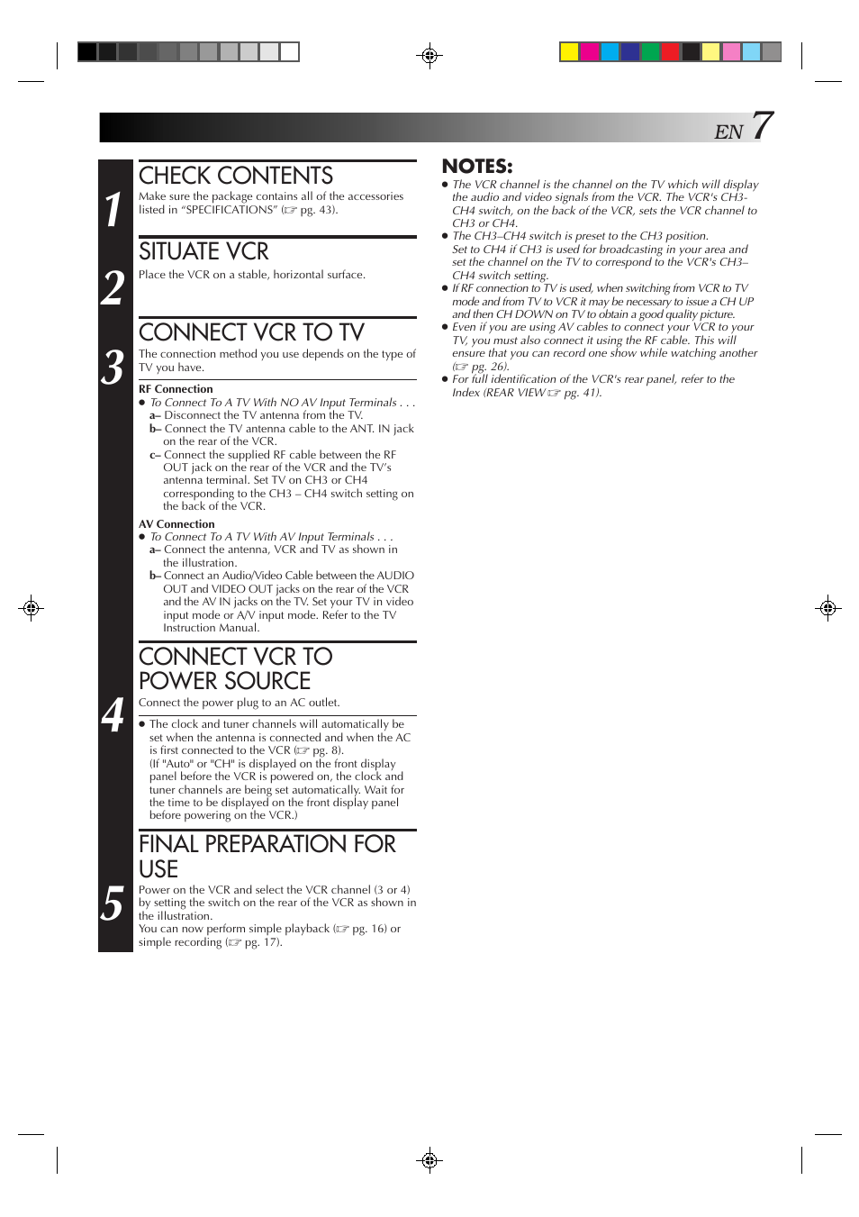 Check contents, Situate vcr, Connect vcr to tv | Connect vcr to power source, Final preparation for use | JVC HR-A51U User Manual | Page 7 / 48