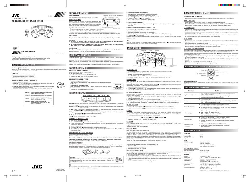 Safety precautions, Getting started, General controls | Using the radio, Using the tape, Using the cd, Care and maintenance, Remote functions (for cd operation only), Troubleshooting tips, Specification | JVC RC-EX10A User Manual | Page 3 / 3