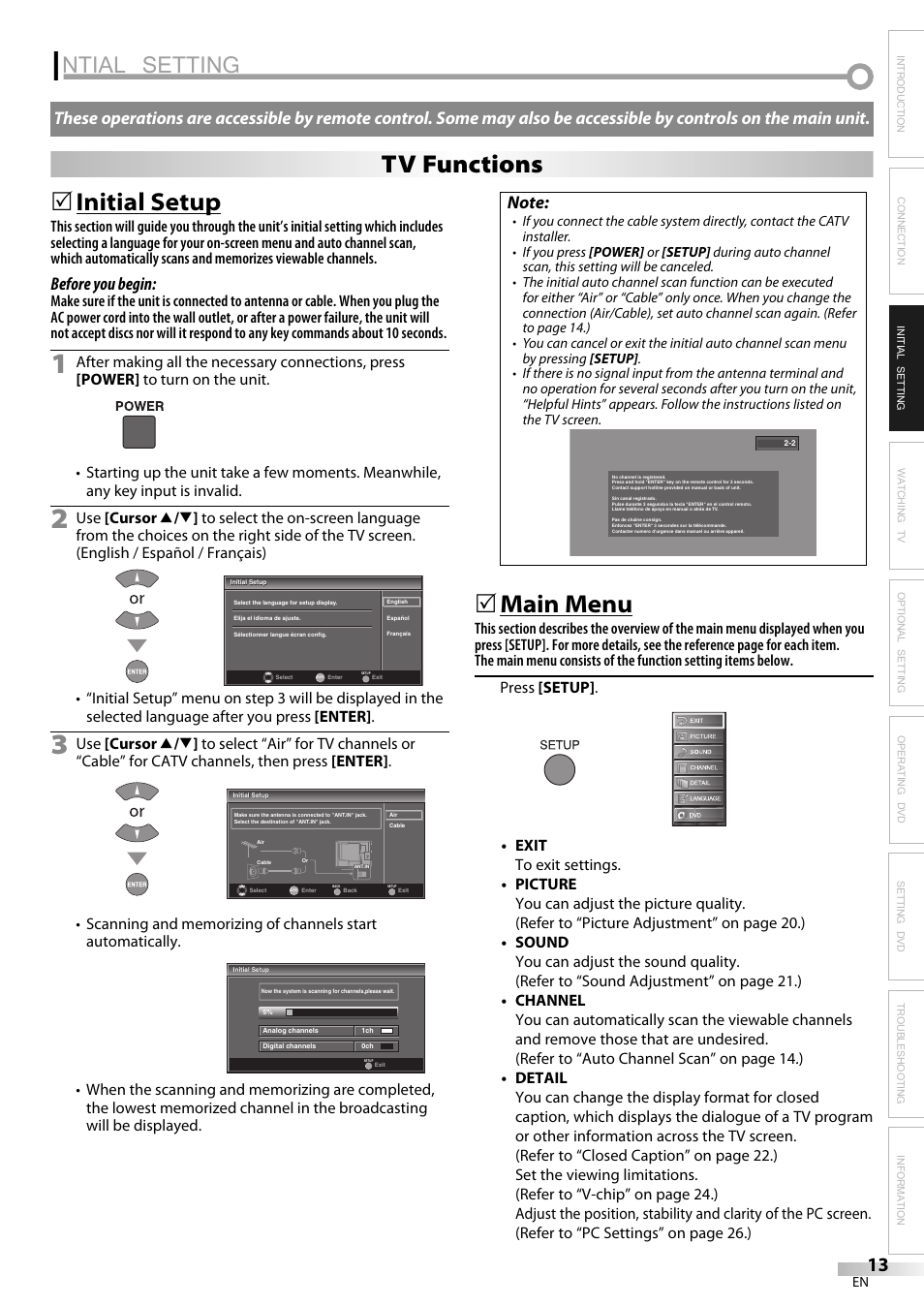 Initial setting, Ntial setting, Initial setup | Main menu, Tv functions, Before you begin | JVC 1EMN24159 User Manual | Page 13 / 52