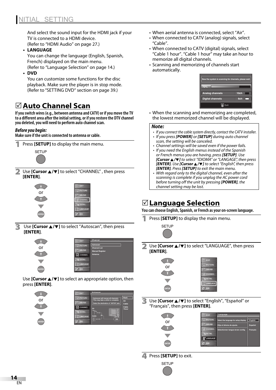 Nitial setting, Auto channel scan, Language selection | Before you begin | JVC 1EMN24159 User Manual | Page 14 / 52