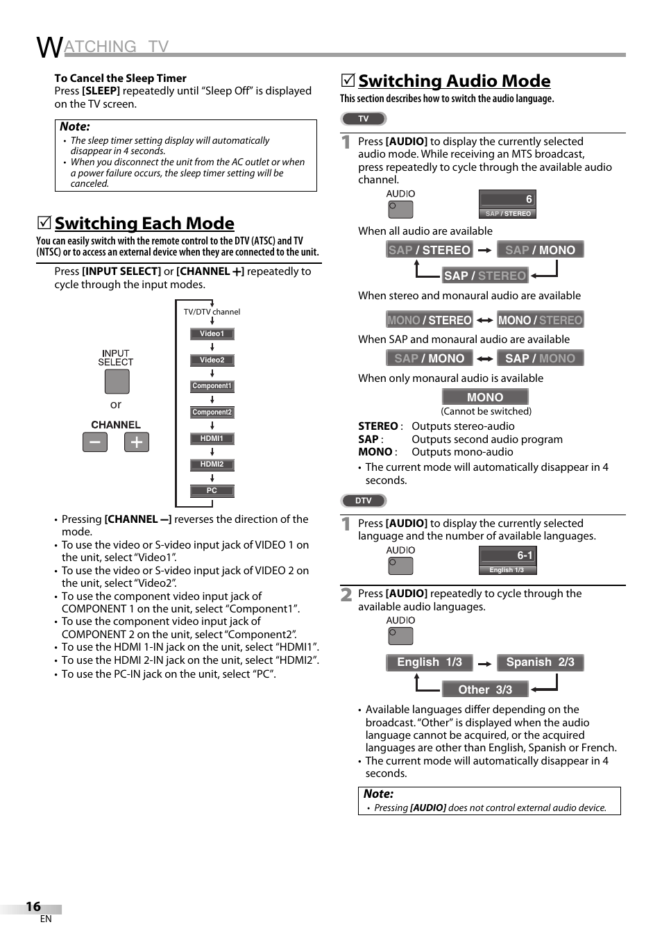 Atching tv, Switching each mode, Switching audio mode | JVC 1EMN24159 User Manual | Page 16 / 52