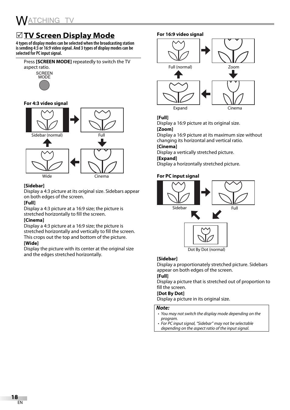 Atching tv, Tv screen display mode | JVC 1EMN24159 User Manual | Page 18 / 52