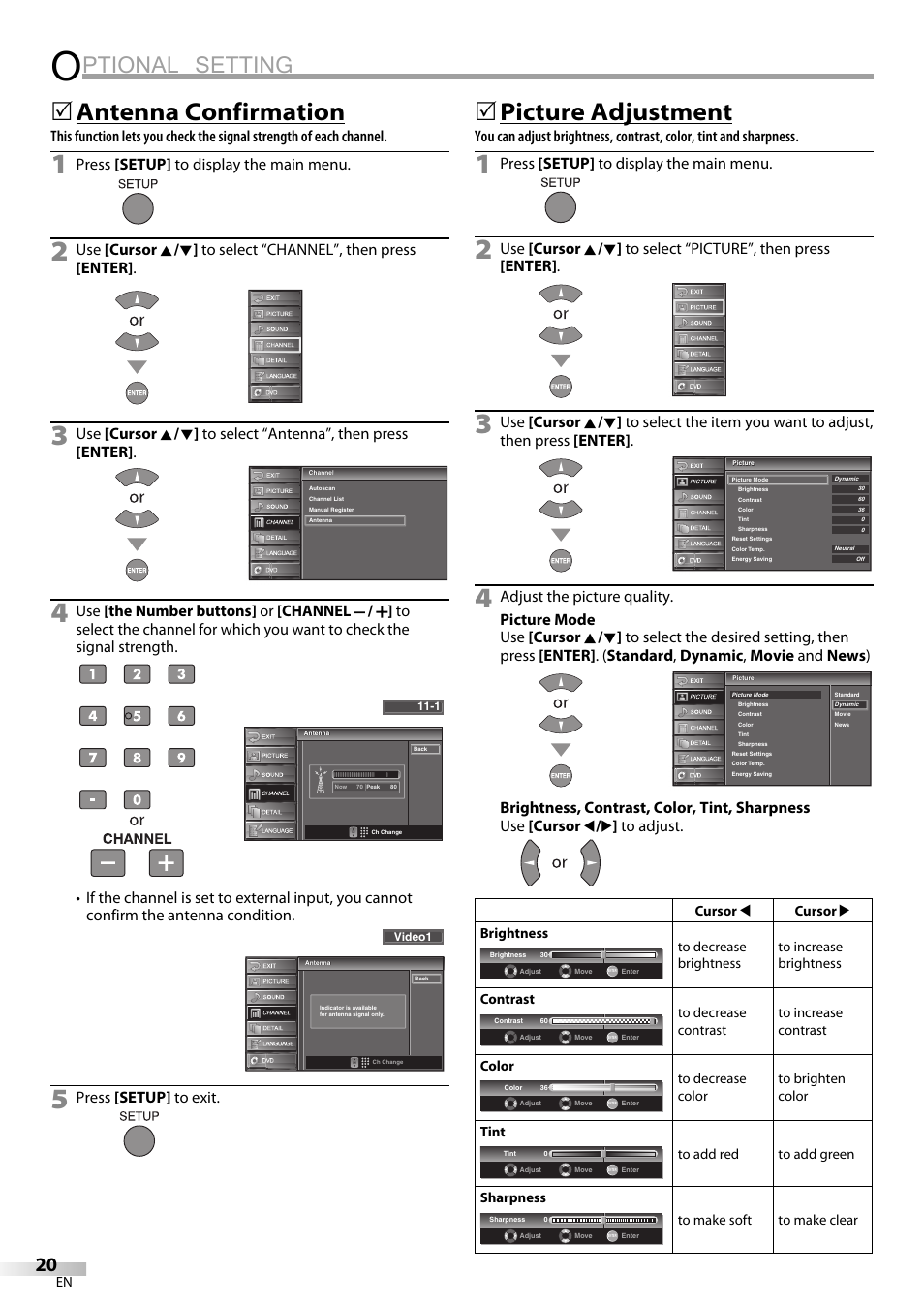 Ptional setting, Antenna confirmation, Picture adjustment | Press [setup] to display the main menu, Press [setup] to exit | JVC 1EMN24159 User Manual | Page 20 / 52