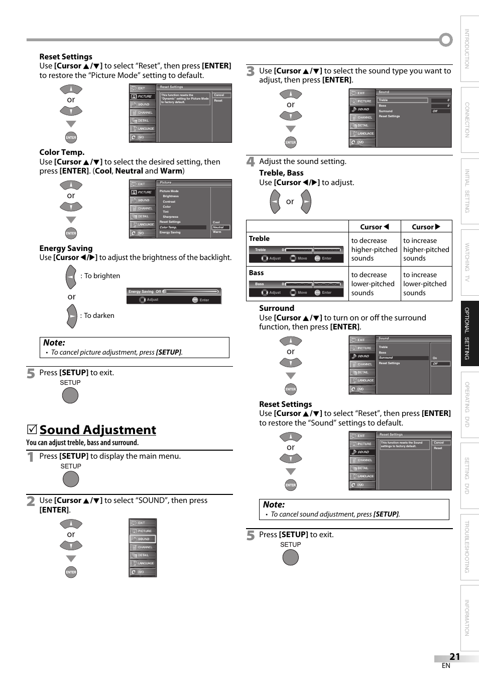 Sound adjustment, Press [setup] to exit, You can adjust treble, bass and surround | Press [setup] to display the main menu | JVC 1EMN24159 User Manual | Page 21 / 52