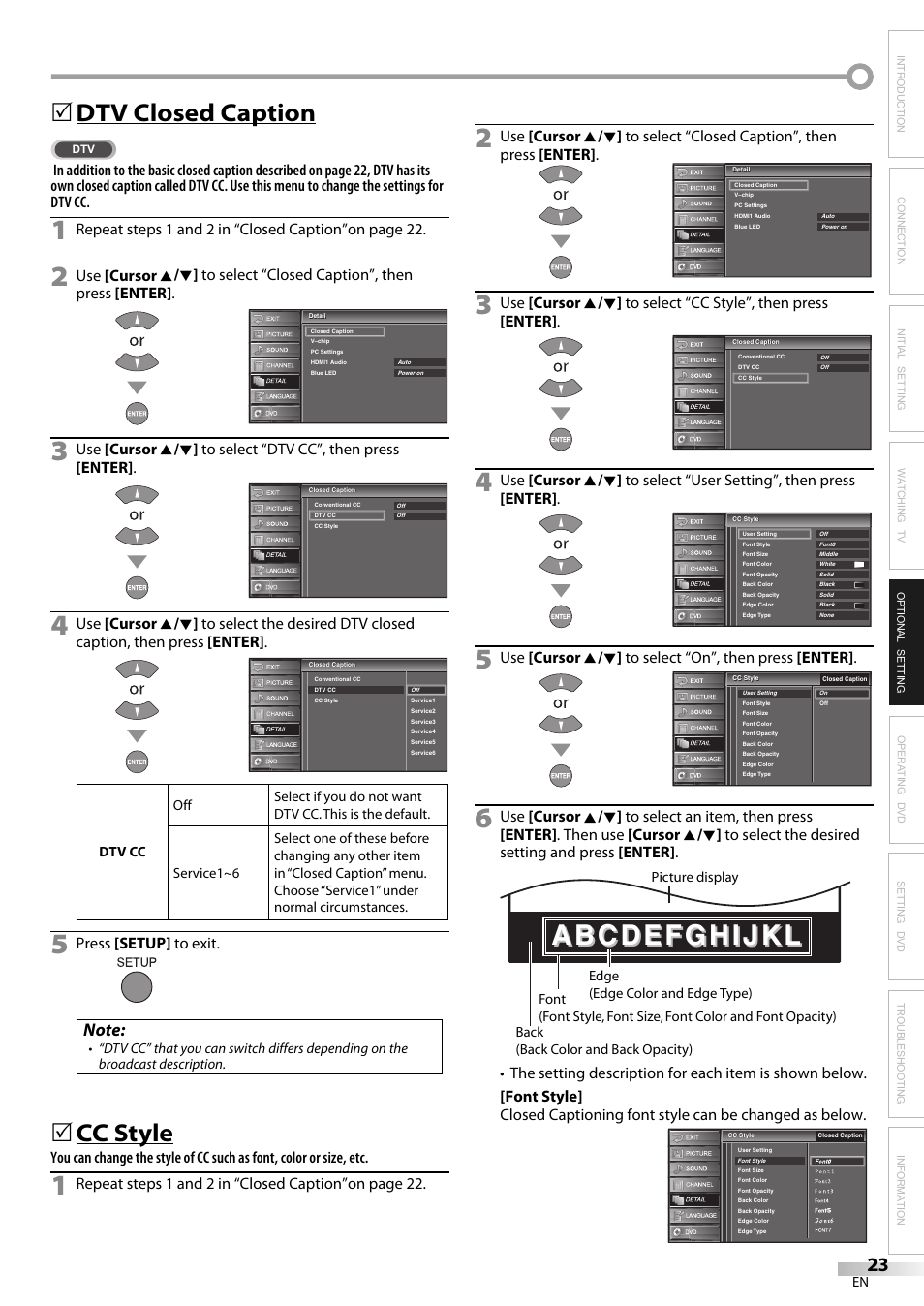 Dtv closed caption, Cc style, Repeat steps 1 and 2 in “closed caption”on page 22 | Press [setup] to exit | JVC 1EMN24159 User Manual | Page 23 / 52