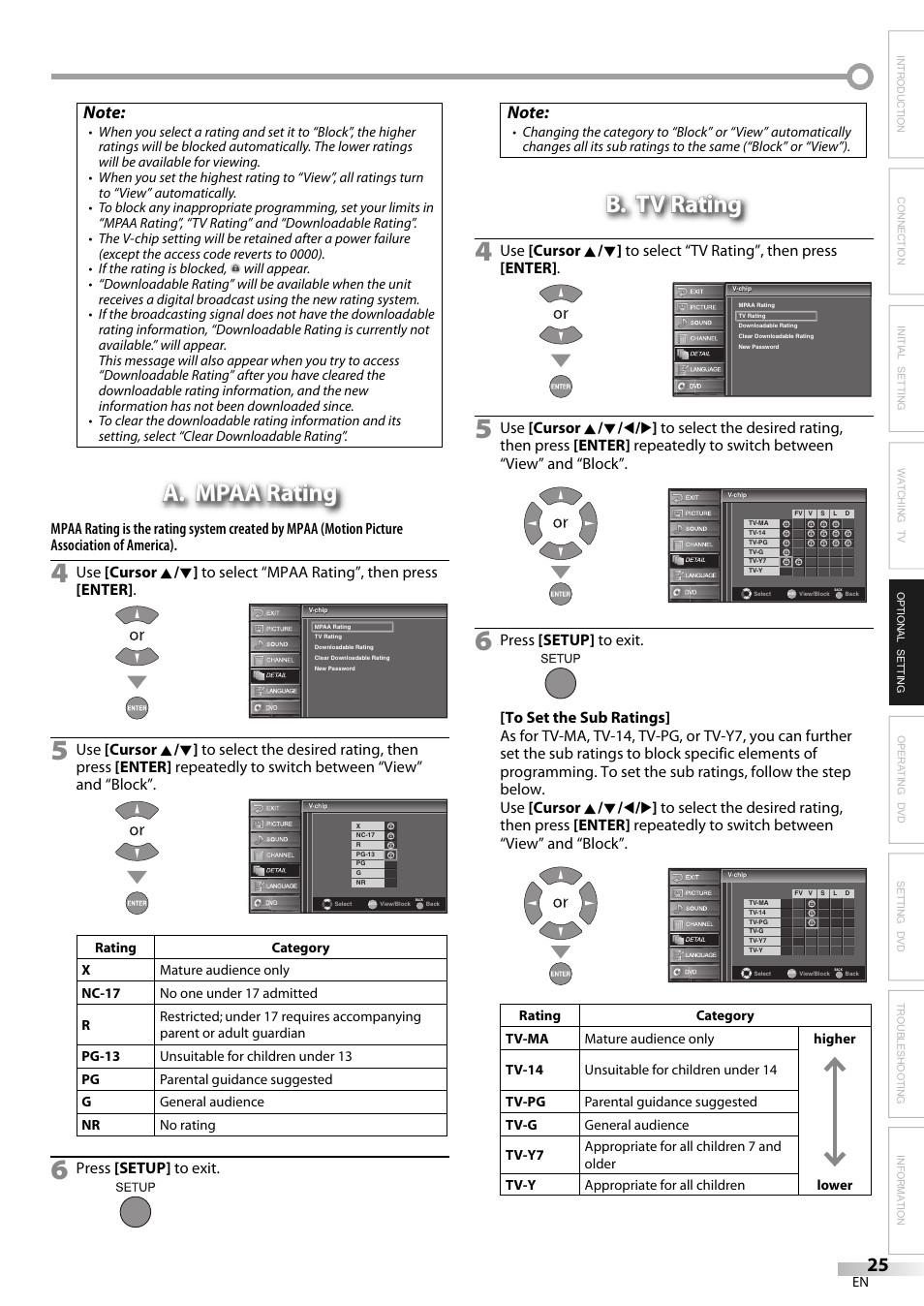 A. mpaa rating, B. tv rating, Press [setup] to exit | JVC 1EMN24159 User Manual | Page 25 / 52