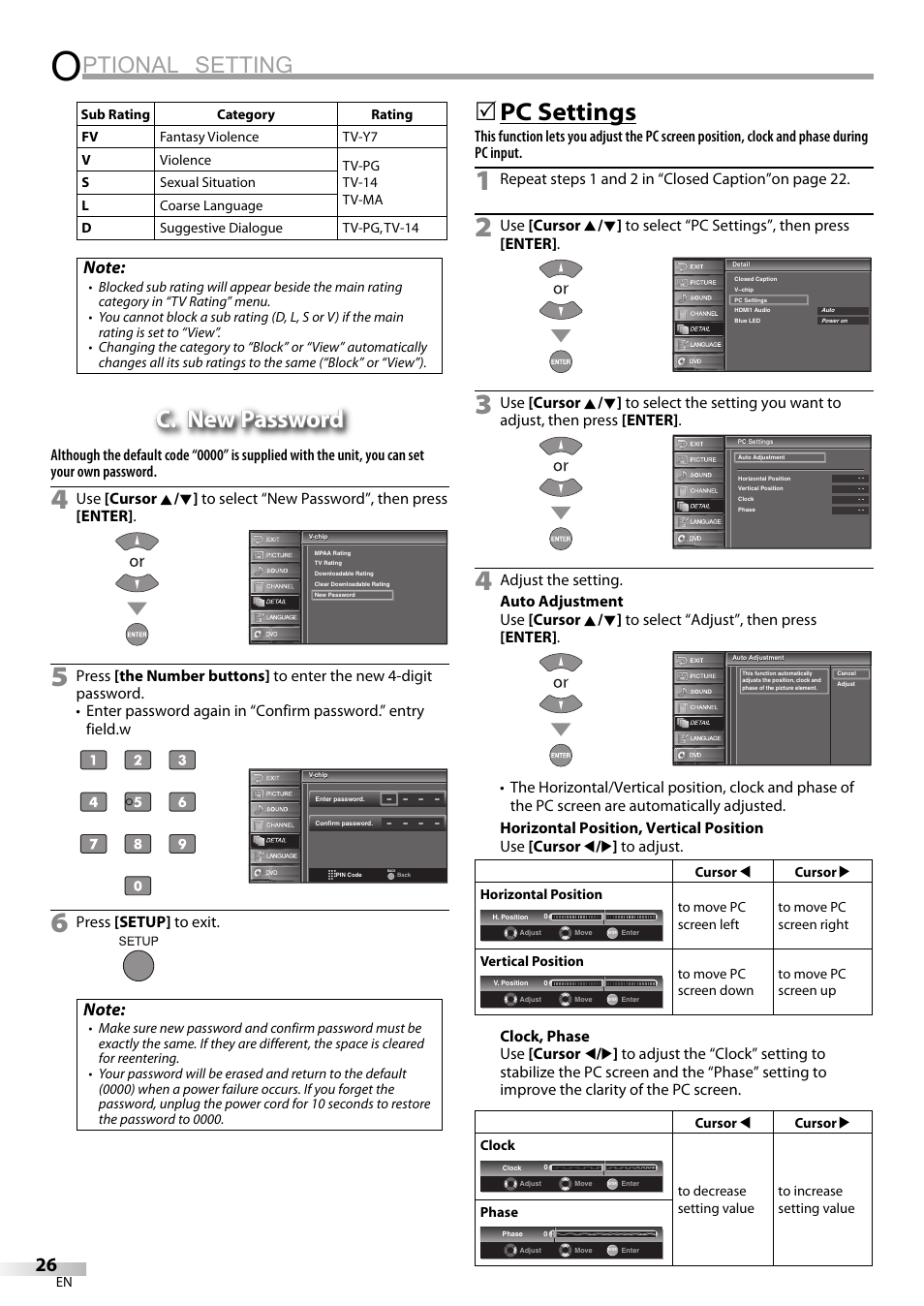Ptional setting, C. new password, Pc settings | JVC 1EMN24159 User Manual | Page 26 / 52