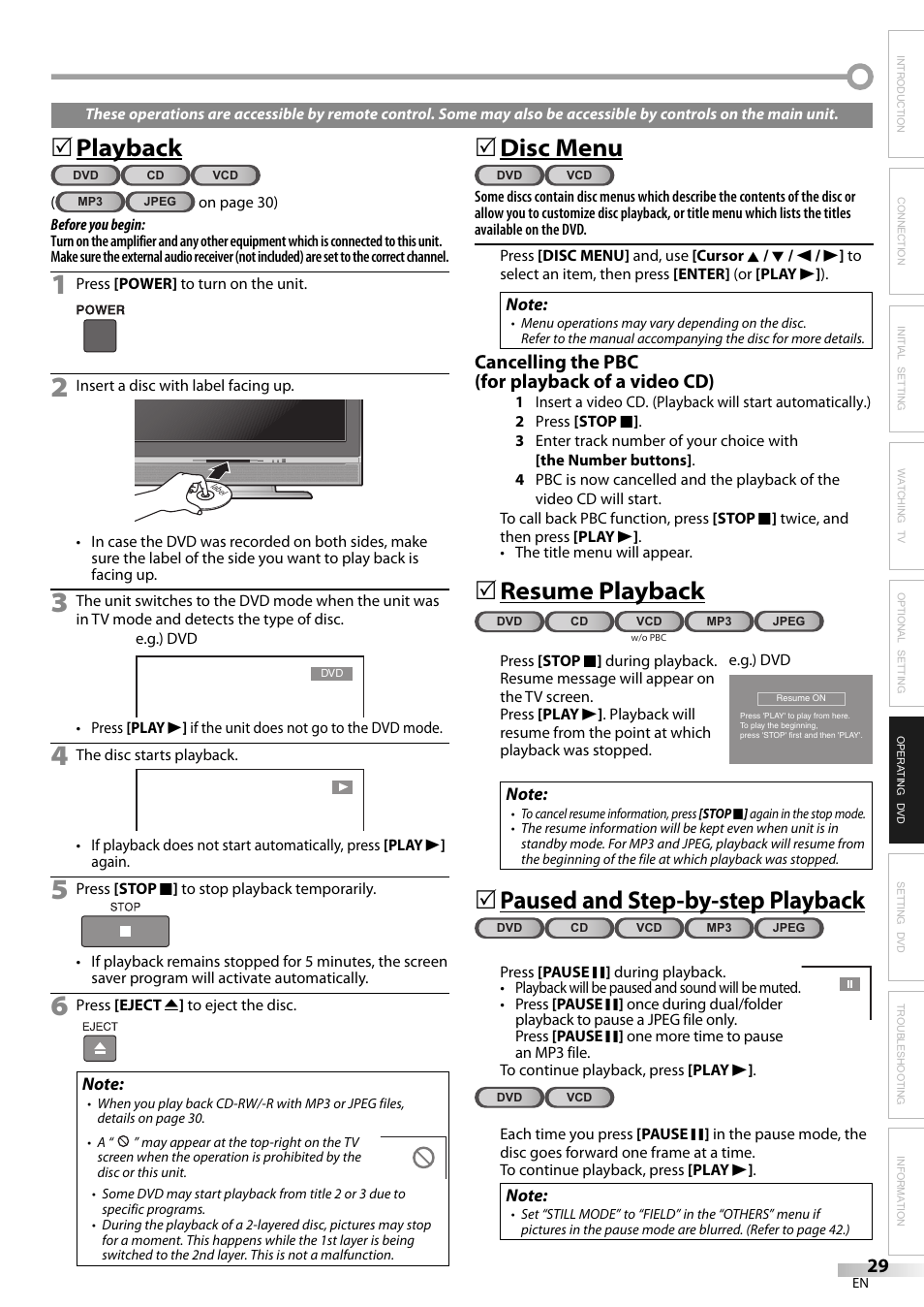 Playback, Disc menu, Resume playback | Paused and step-by-step playback, Cancelling the pbc (for playback of a video cd) | JVC 1EMN24159 User Manual | Page 29 / 52