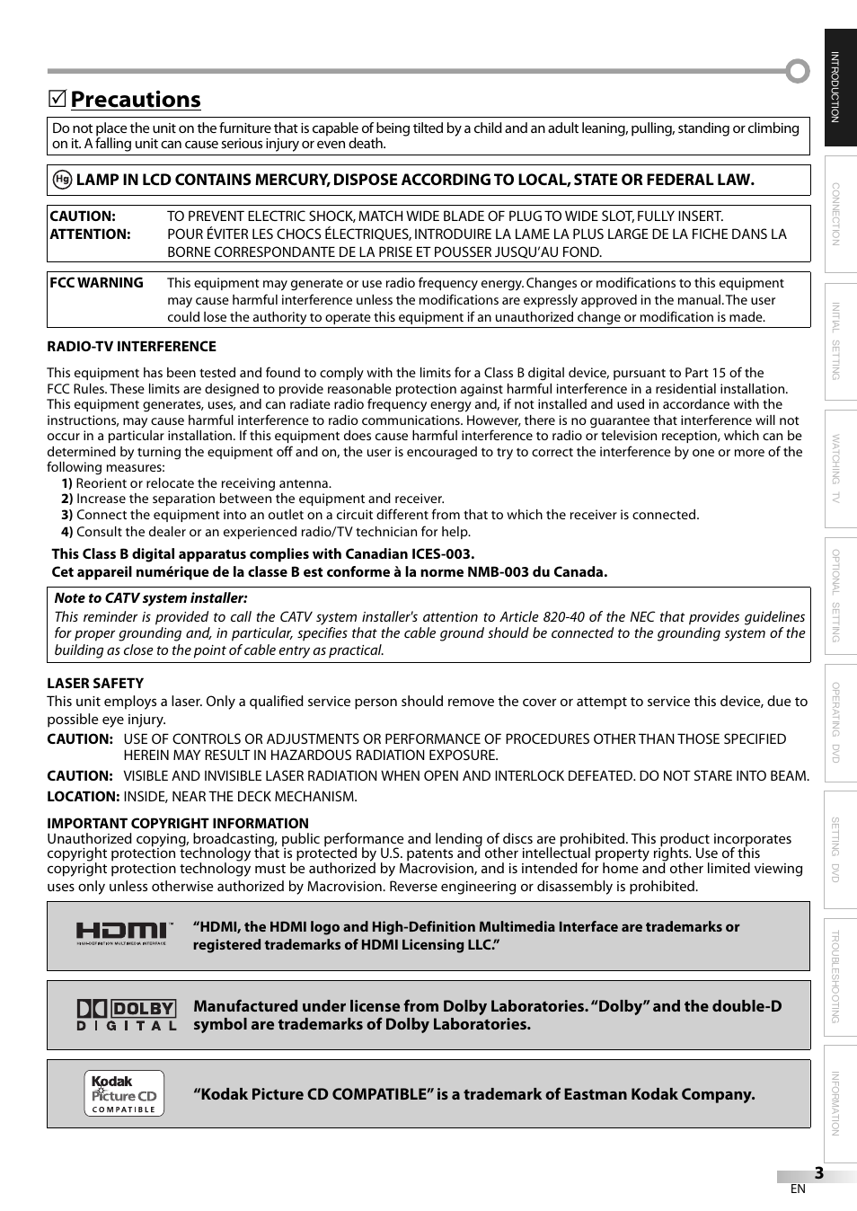 Precautions | JVC 1EMN24159 User Manual | Page 3 / 52