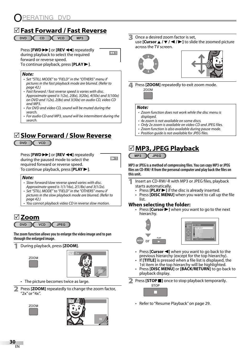 Perating dvd, Fast forward / fast reverse, Slow forward / slow reverse | Zoom, Mp3, jpeg playback, When selecting the folder | JVC 1EMN24159 User Manual | Page 30 / 52