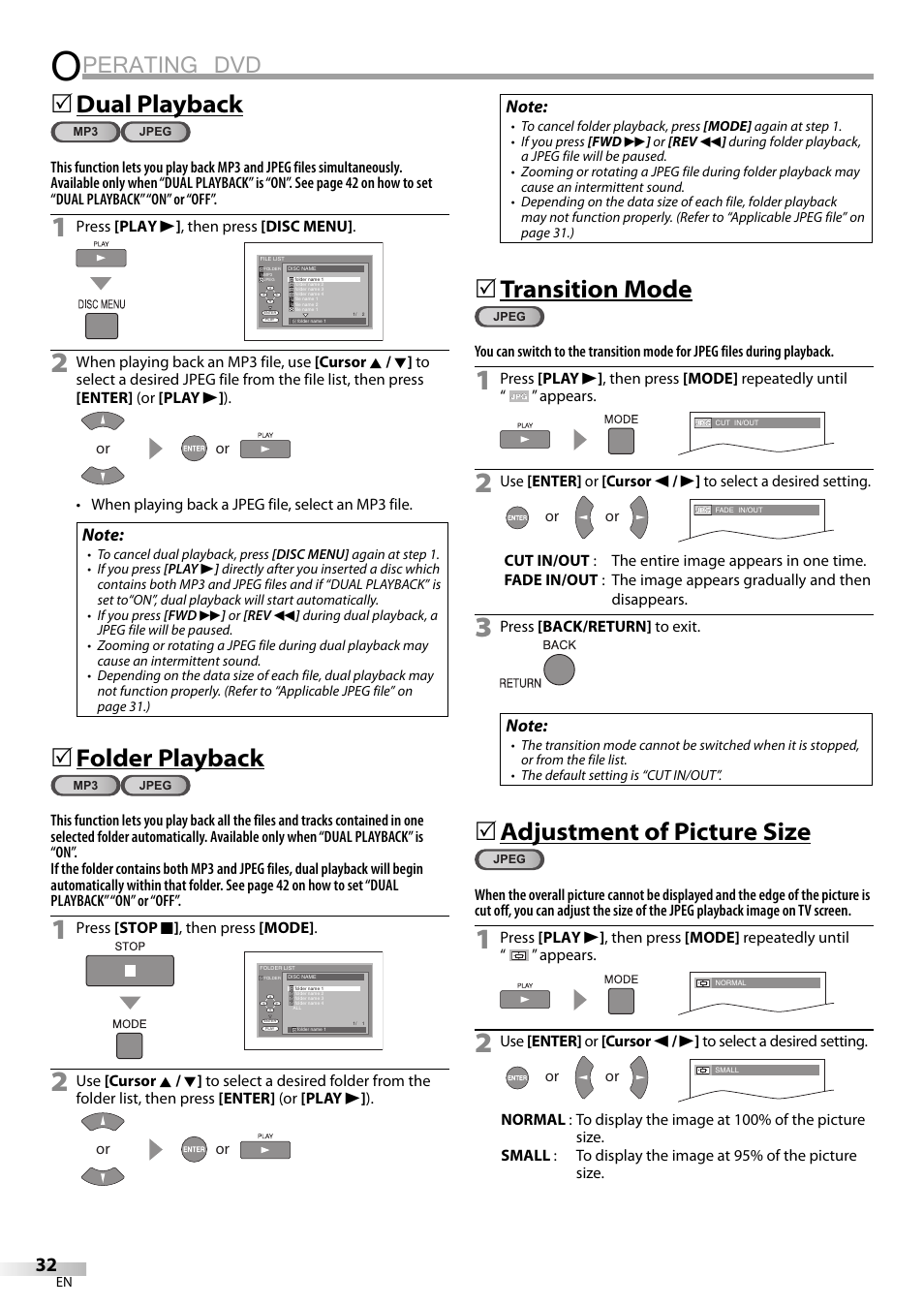 Perating dvd, Dual playback, Folder playback | Transition mode, Adjustment of picture size | JVC 1EMN24159 User Manual | Page 32 / 52