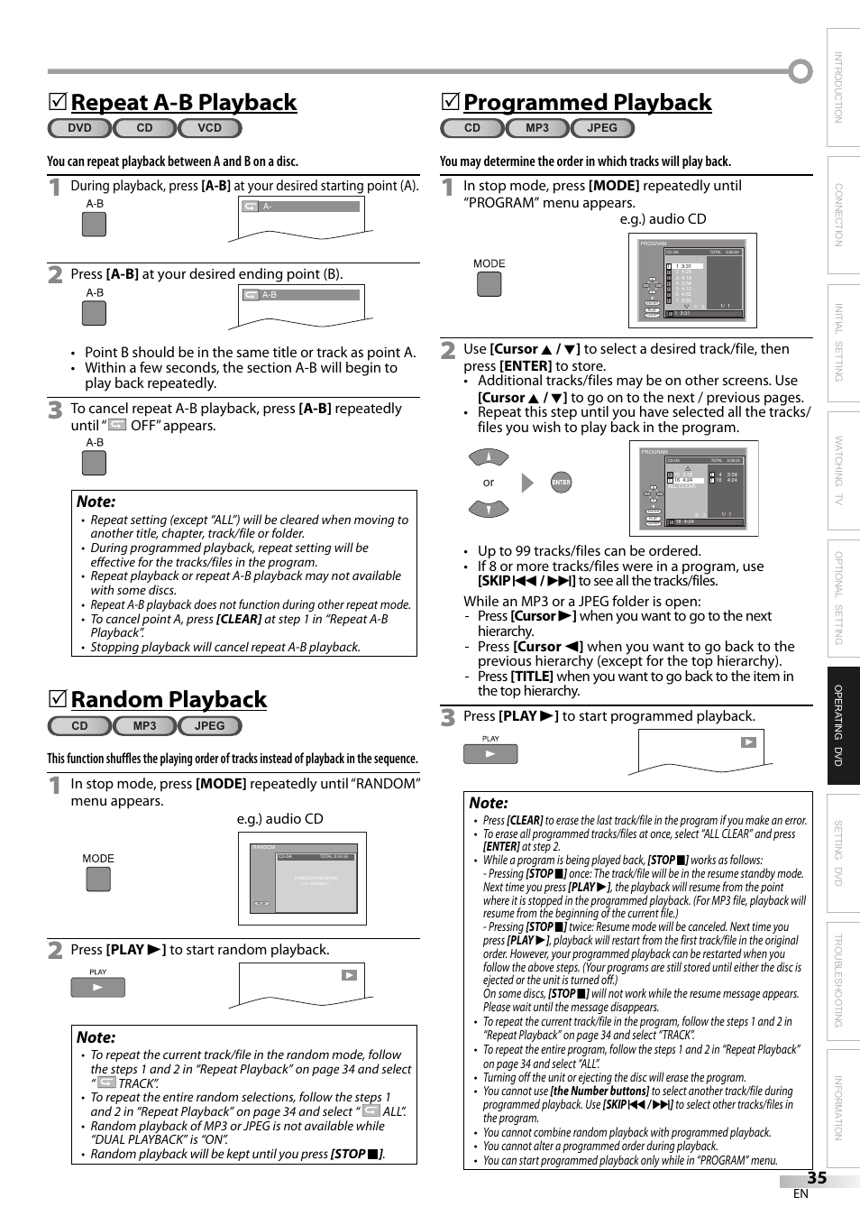 Repeat a-b playback, Random playback, 5programmed playback | JVC 1EMN24159 User Manual | Page 35 / 52