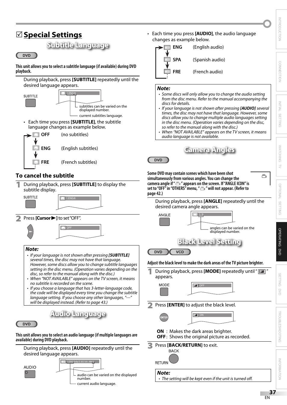 Audio language, Camera angles, Black level setting | JVC 1EMN24159 User Manual | Page 37 / 52