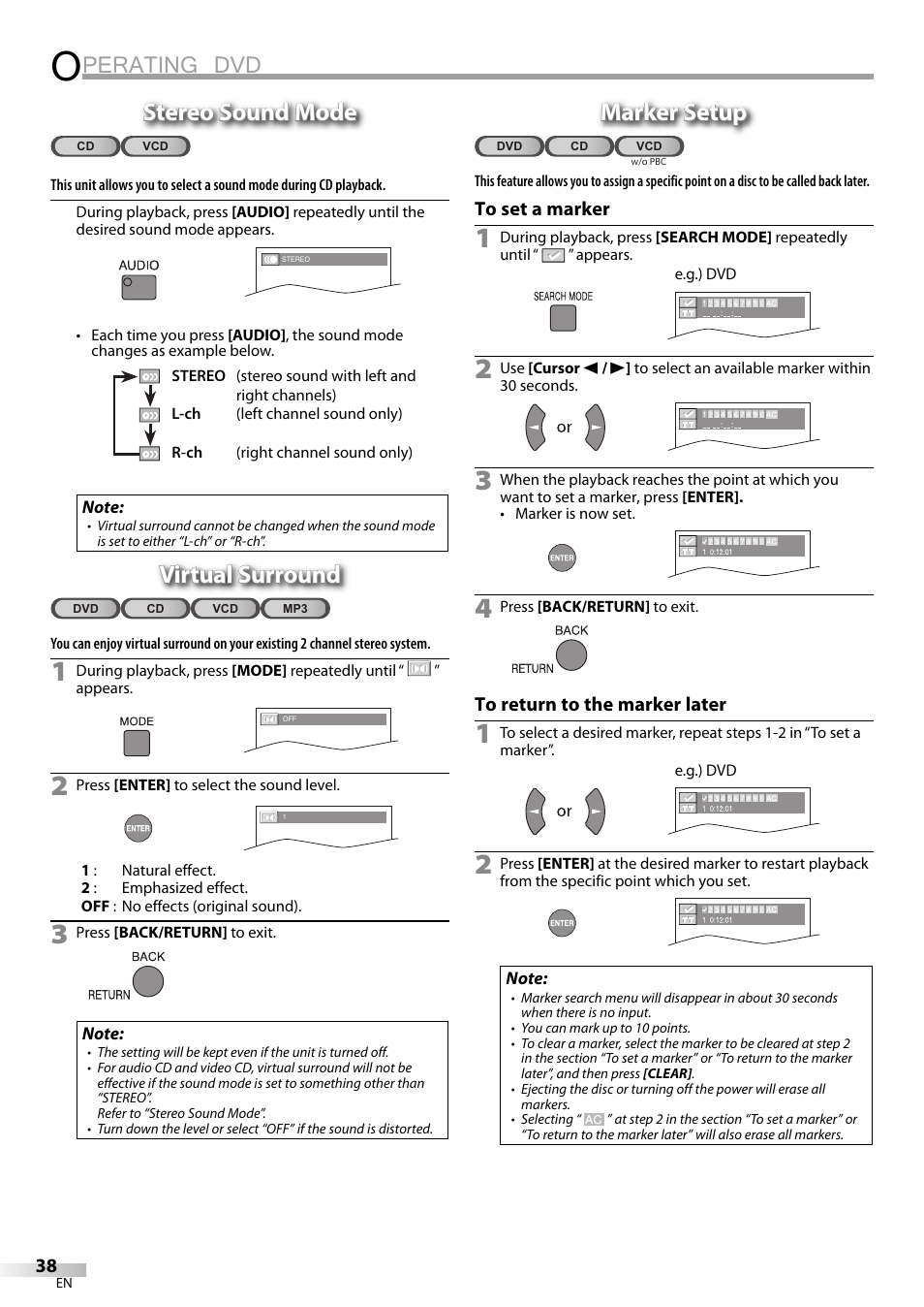 Perating dvd, Stereo sound mode, Virtual surround | Marker setup | JVC 1EMN24159 User Manual | Page 38 / 52