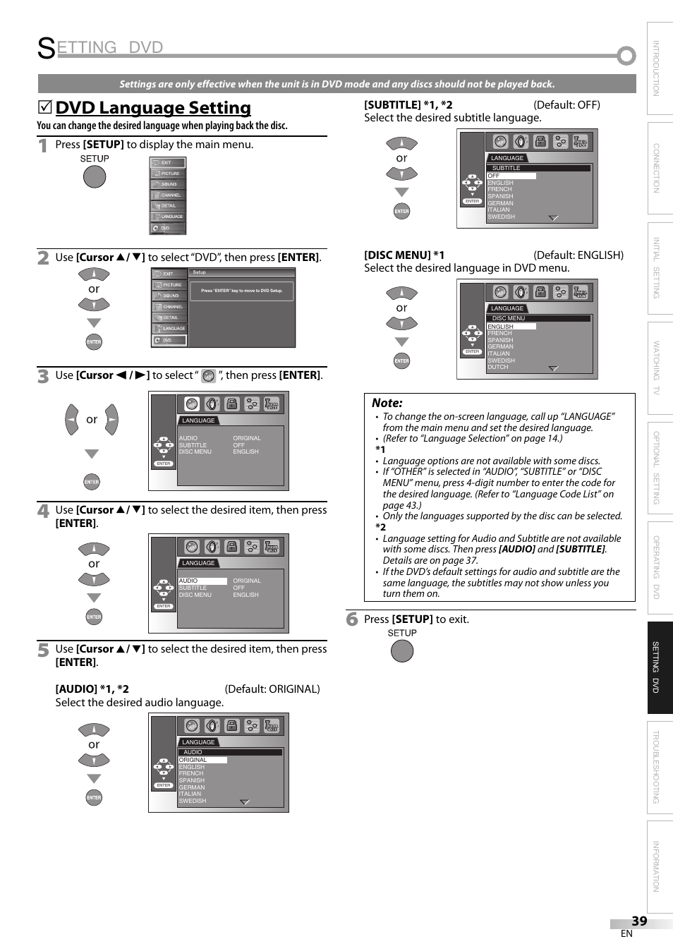 Setting dvd, Etting dvd, Dvd language setting | JVC 1EMN24159 User Manual | Page 39 / 52
