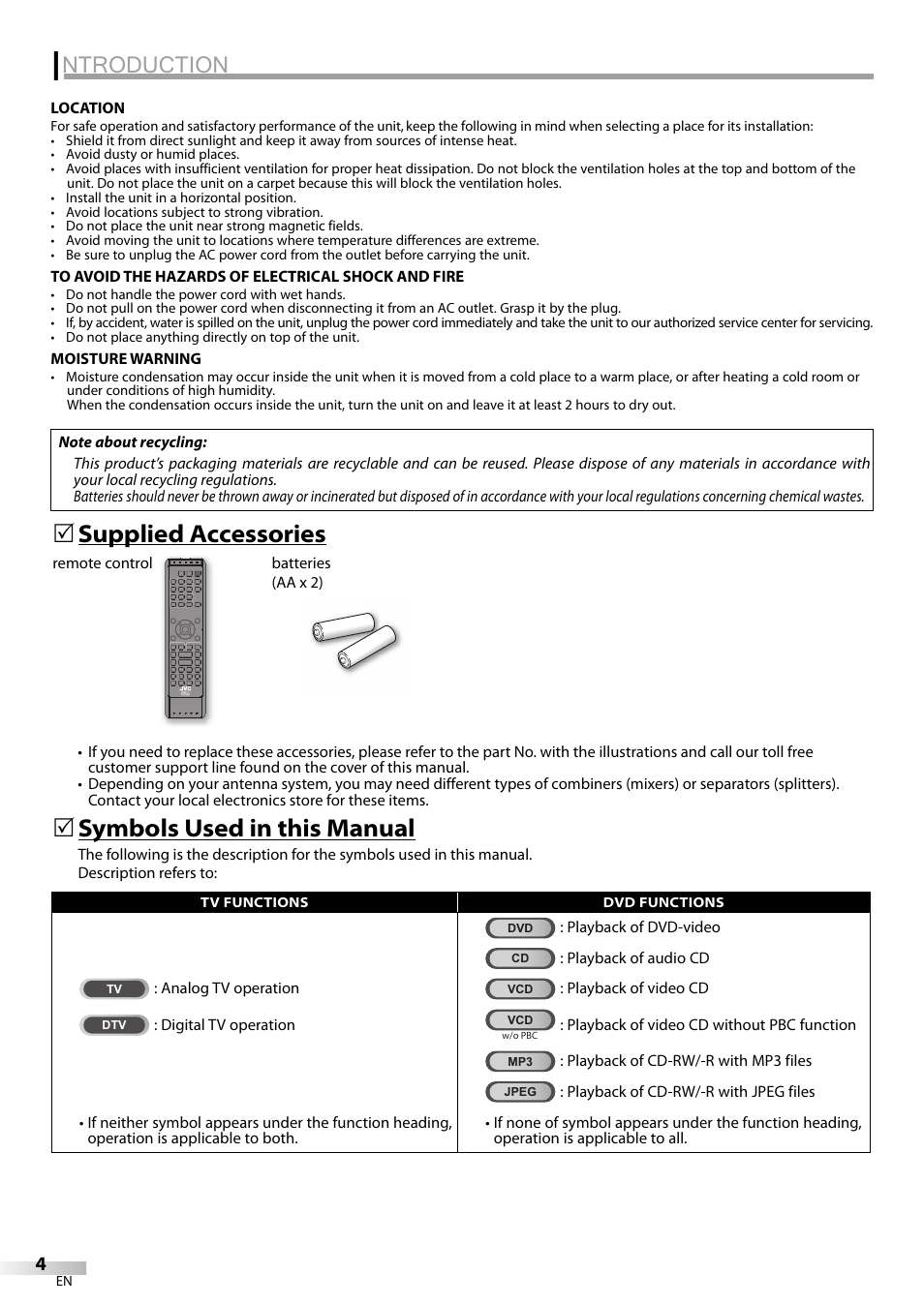 Ntroduction, Symbols used in this manual, Supplied accessories | JVC 1EMN24159 User Manual | Page 4 / 52