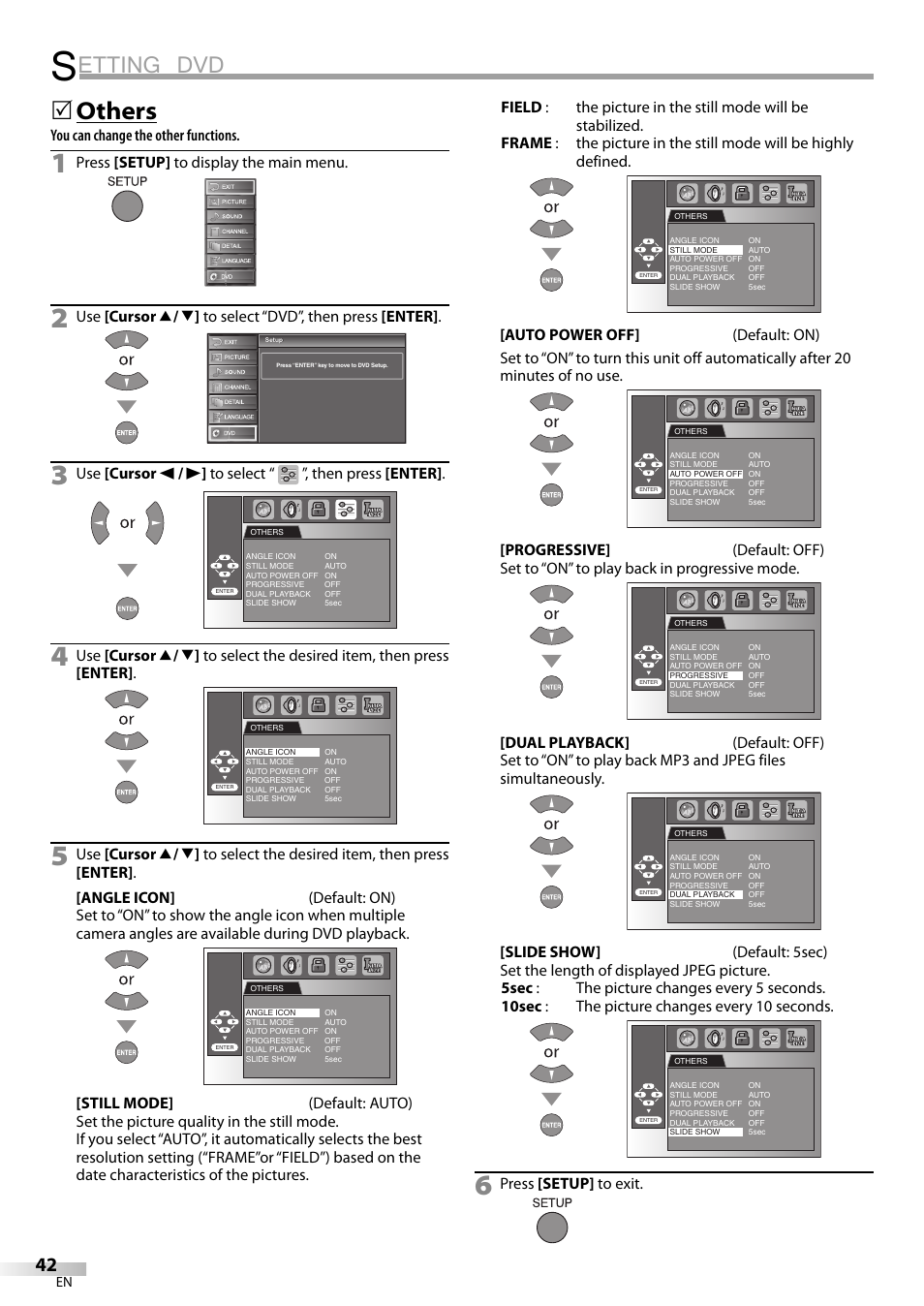 Etting dvd, Others, You can change the other functions | Press [setup] to display the main menu, Press [setup] to exit | JVC 1EMN24159 User Manual | Page 42 / 52