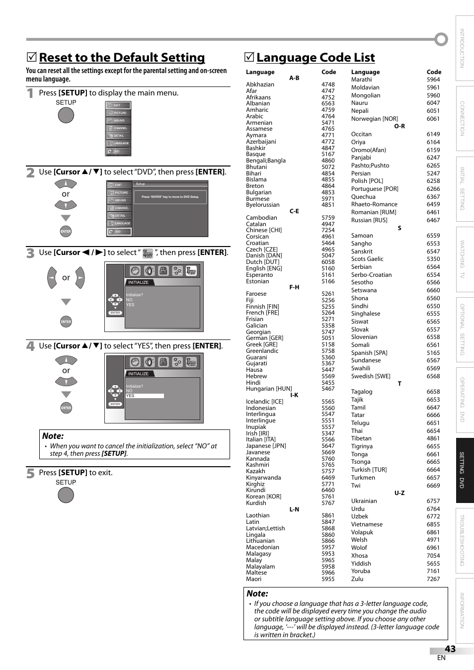 Language code list 5, Reset to the default setting 5 | JVC 1EMN24159 User Manual | Page 43 / 52