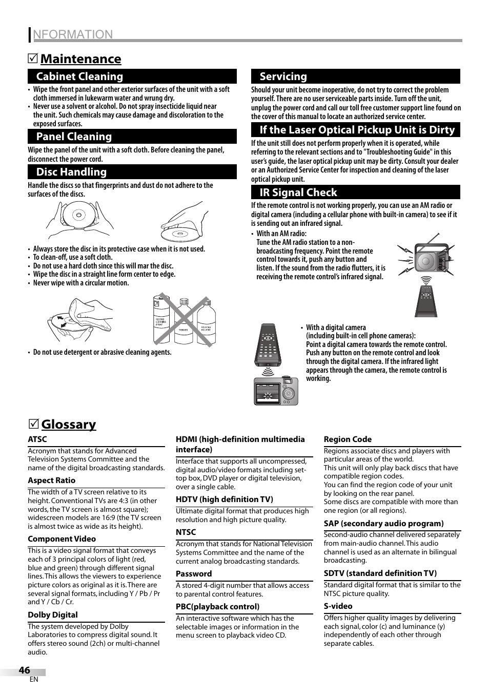 Information, Nformation, Maintenance 5 | Glossary 5, Cabinet cleaning, Panel cleaning, Disc handling, Servicing, If the laser optical pickup unit is dirty, Ir signal check | JVC 1EMN24159 User Manual | Page 46 / 52