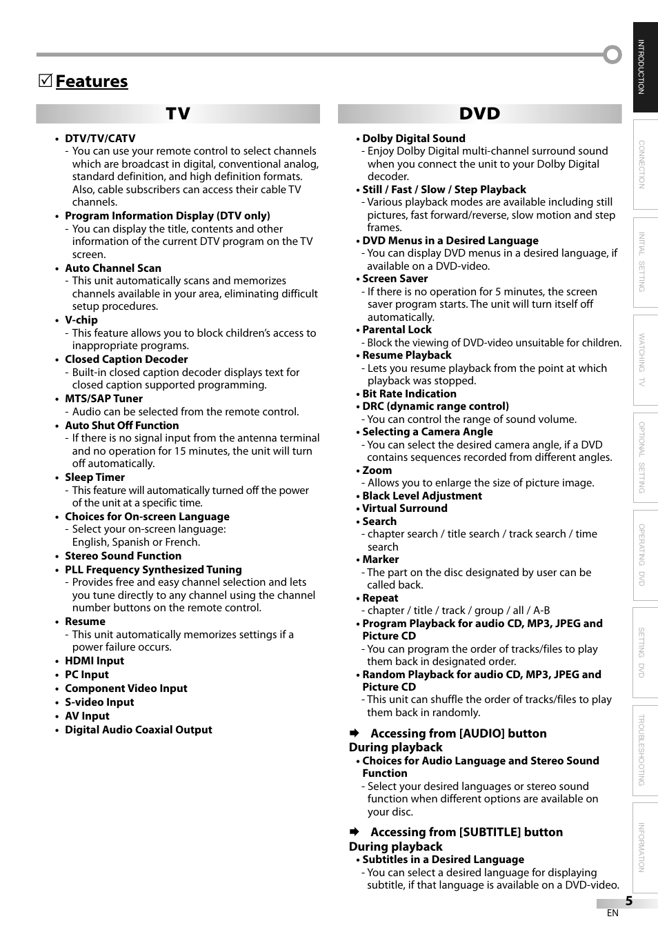 Tv dvd features 5 | JVC 1EMN24159 User Manual | Page 5 / 52