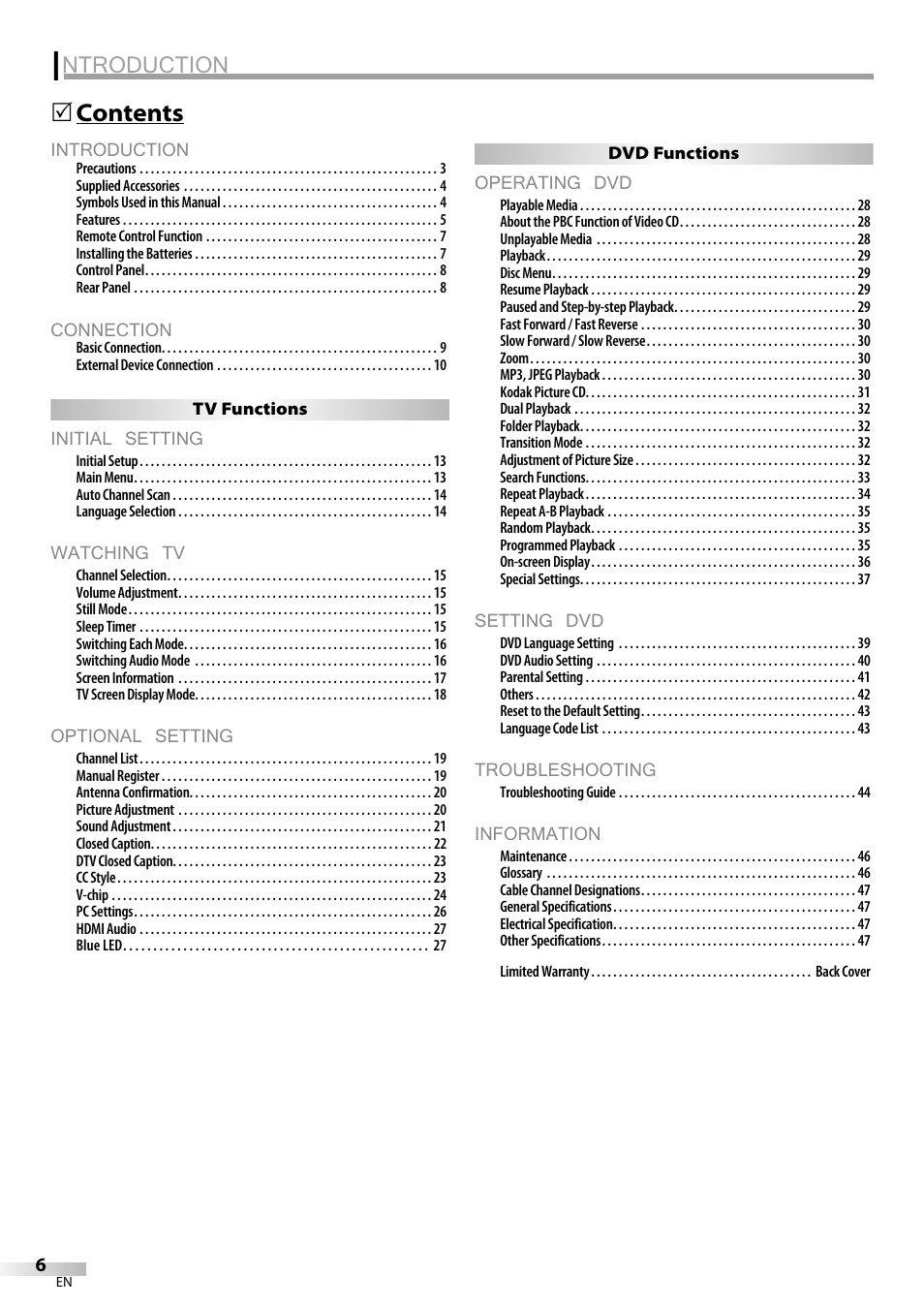 Ntroduction, Introduction, Connection | Initial setting, Watching tv, Optional setting, Operating dvd, Setting dvd, Troubleshooting, Information | JVC 1EMN24159 User Manual | Page 6 / 52