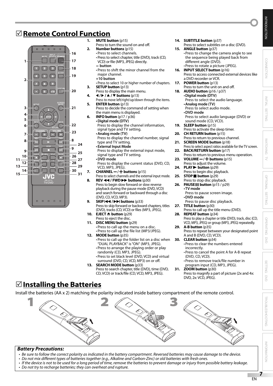 Remote control function 5, Installing the batteries, Battery precautions | JVC 1EMN24159 User Manual | Page 7 / 52