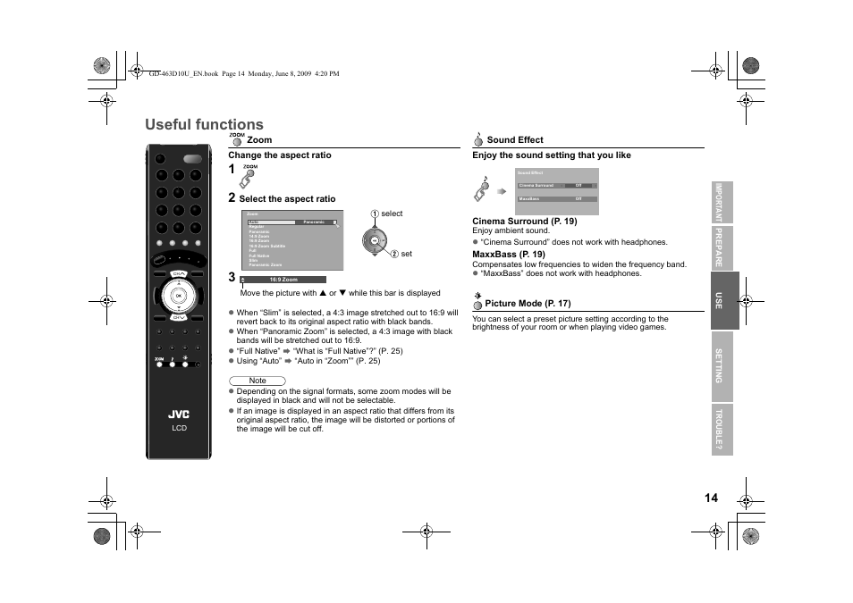 Try the advanced features, Useful functions, E mode (p. 14) | Atio (p. 14), Sound effect” (p. 14), De (p. 14) | JVC 0509SKH-SW-MT User Manual | Page 15 / 32