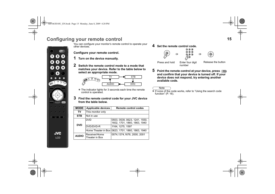 Just the way you like it, Configuring your remote control, D / audio” (p. 15) | Configuring your remote control” (p. 15) | JVC 0509SKH-SW-MT User Manual | Page 16 / 32