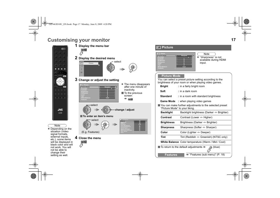 Customising your monitor, Picture, Een menu (p. 17) | To “customising your monitor, P. 17), Arpness”: minimum (p. 17), E (p. 17) | JVC 0509SKH-SW-MT User Manual | Page 18 / 32