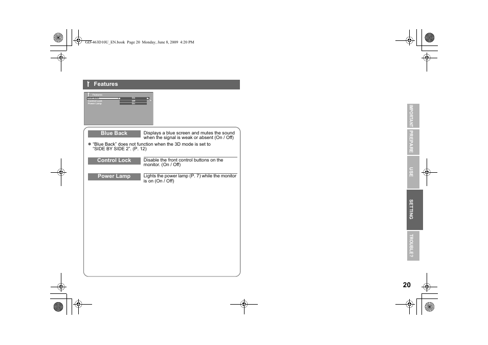Features, Power lamp” (p. 20) | JVC 0509SKH-SW-MT User Manual | Page 21 / 32