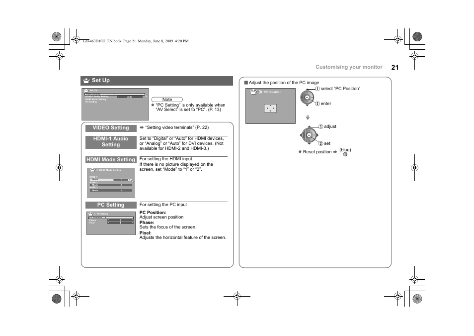 Set up, Video setting” (p. 21), P. 21) | JVC 0509SKH-SW-MT User Manual | Page 22 / 32