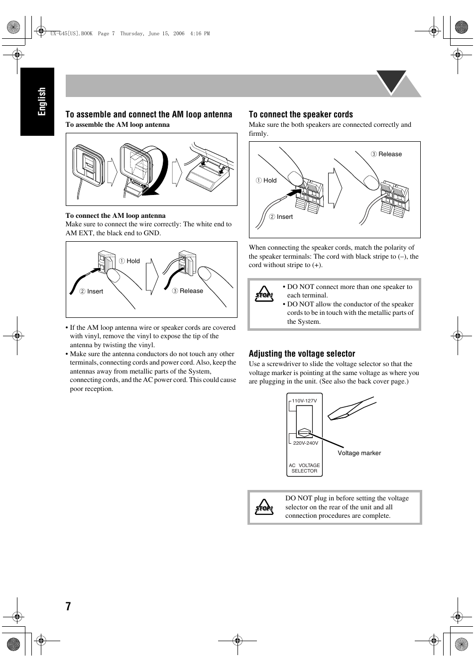 English, Adjusting the voltage selector | JVC CA-UXG45 User Manual | Page 11 / 70