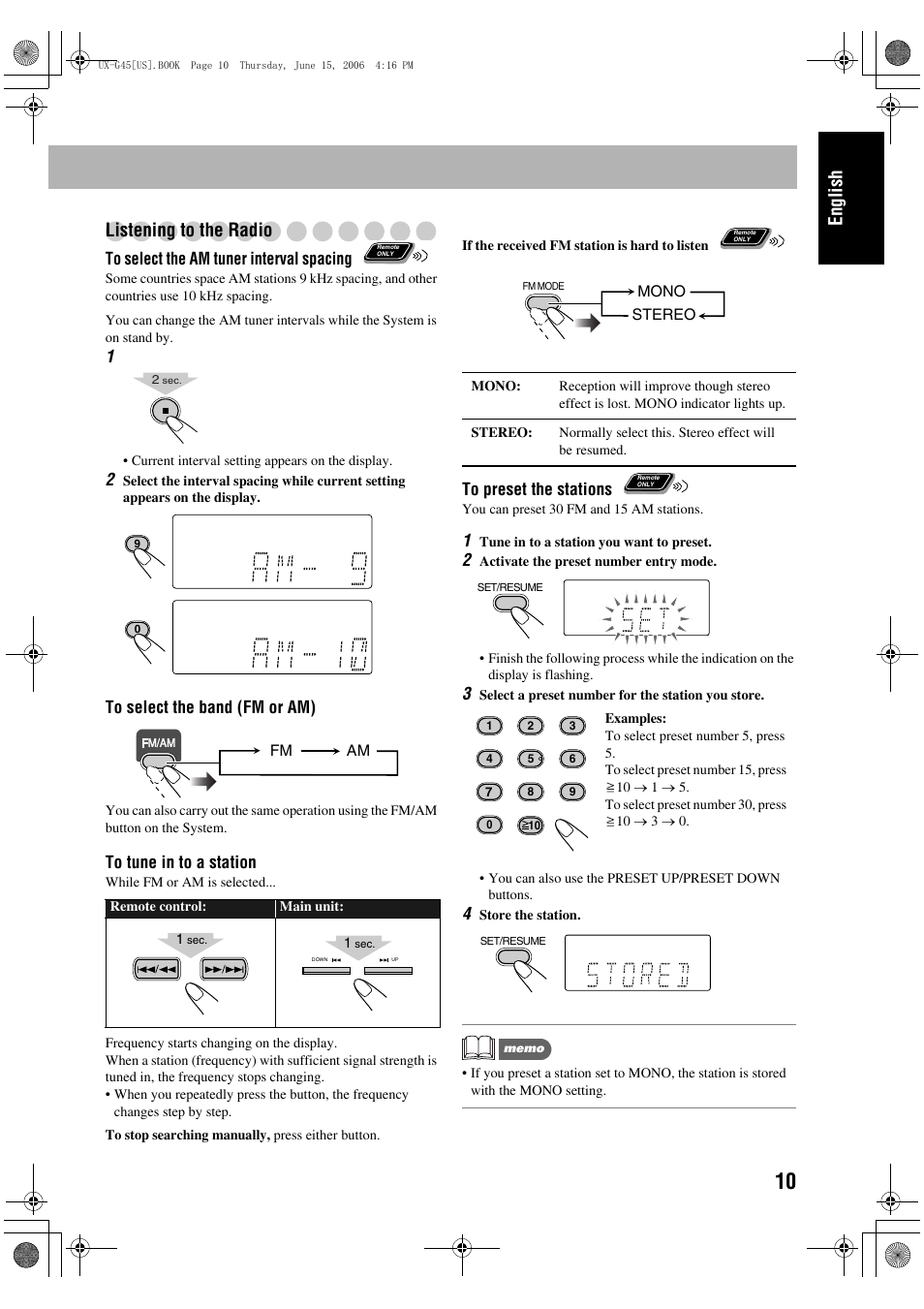 Listening to the radio, English listening to the radio | JVC CA-UXG45 User Manual | Page 14 / 70